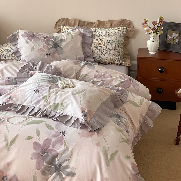 91家纺网 家纺一手货源 找家纺 窝米 2024新款全棉磨毛花边工艺款四件套 叶颜