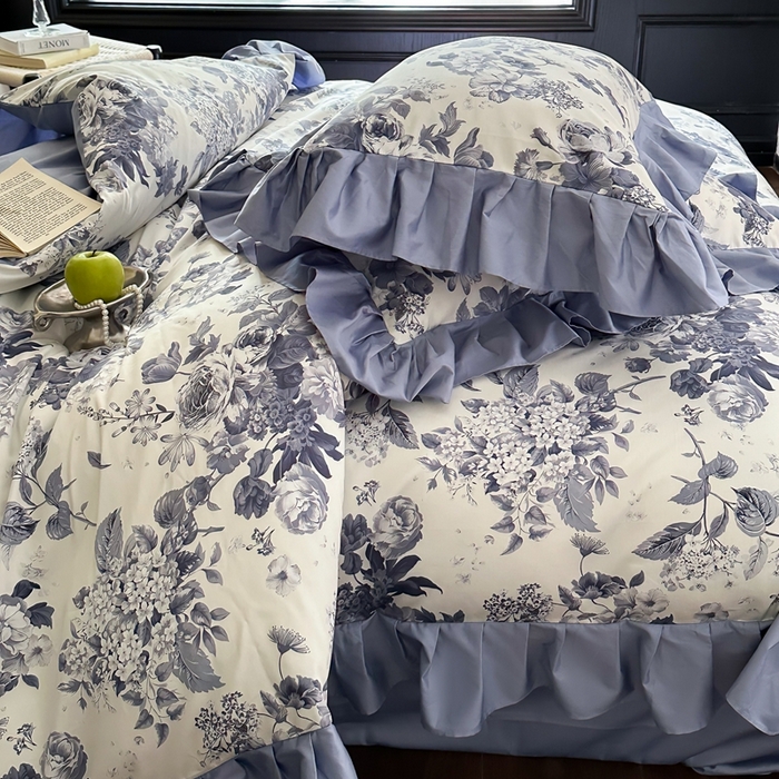 91家纺网 家纺一手货源 找家纺 （总）窝米 2024新款数码印花长绒棉100支花边款四件套-晚意