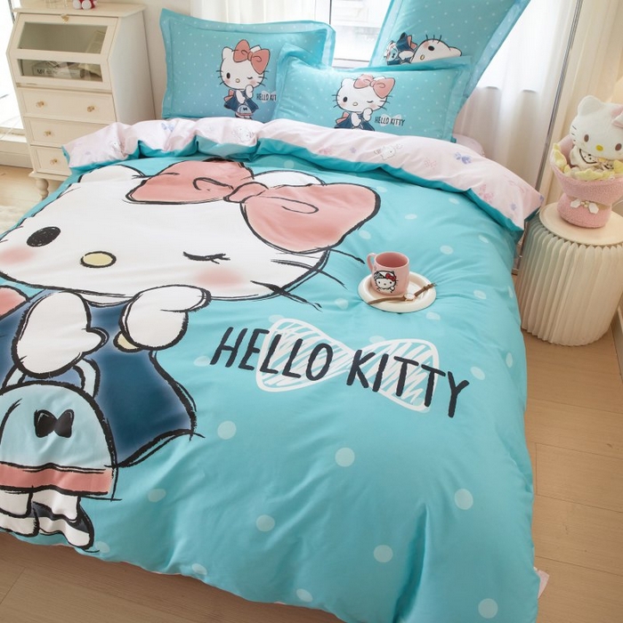 91家纺网 家纺一手货源 找家纺 蘭菲家纺 2024新款全棉大版卡通三丽鸥四件套 摩卡-蓝