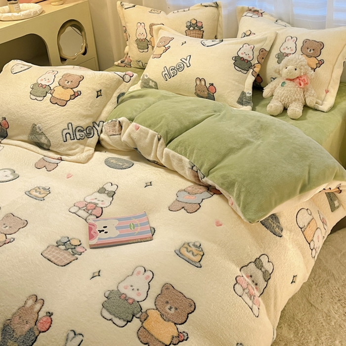 91家纺网 家纺一手货源 找家纺 韩巢家纺 2024新款加厚雪花绒印花四件套-风格一（提供卖家秀） 快乐心情