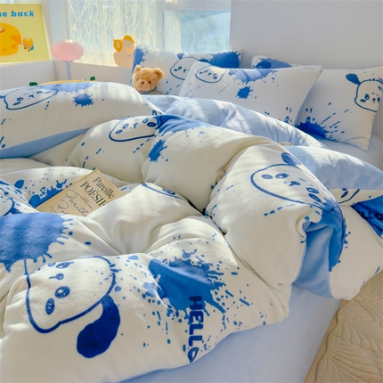 91家纺网 家纺一手货源 找家纺 灰鲸 2025新款牛奶绒小清新印花四件套 涂鸦狗狗