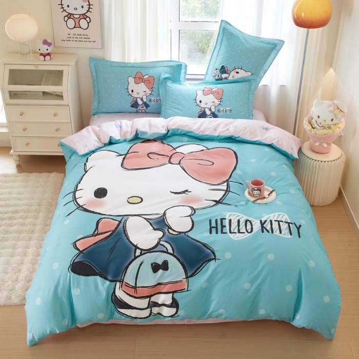 91家纺网 家纺一手货源 找家纺 蘭菲家纺 2024新款全棉大版卡通三丽鸥四件套 摩卡-蓝