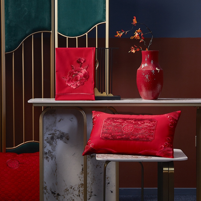 91家纺网 家纺一手货源 找家纺 高大尚 2025新品长绒棉提花唯美复古中式刺绣轻奢系列婚庆款多件套 福气满满-红