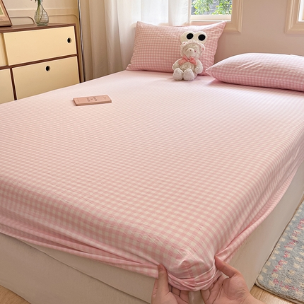 桃子 2024新款ins纯棉色织水洗毛巾绣大眼仔单床笠 色织水洗棉-大眼仔粉格