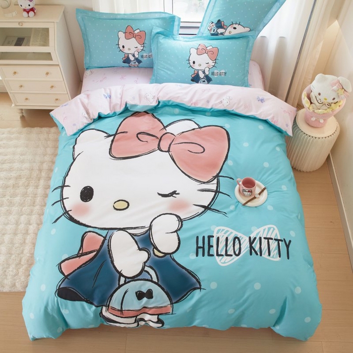 91家纺网 家纺一手货源 找家纺 蘭菲家纺 2024新款全棉大版卡通三丽鸥四件套 摩卡-蓝