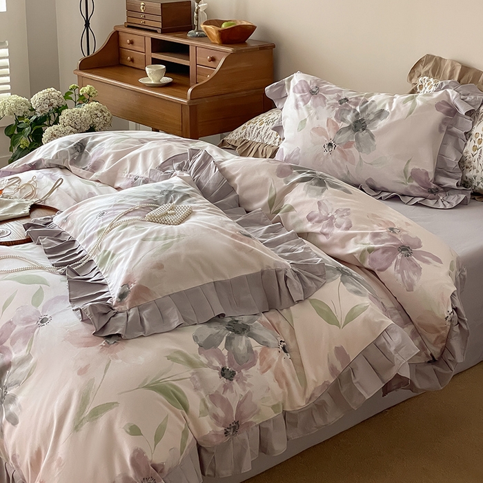 91家纺网 家纺一手货源 找家纺 窝米 2024新款全棉磨毛花边工艺款四件套 叶颜