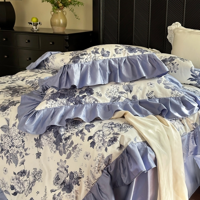 91家纺网 家纺一手货源 找家纺 （总）窝米 2024新款数码印花长绒棉100支花边款四件套-晚意