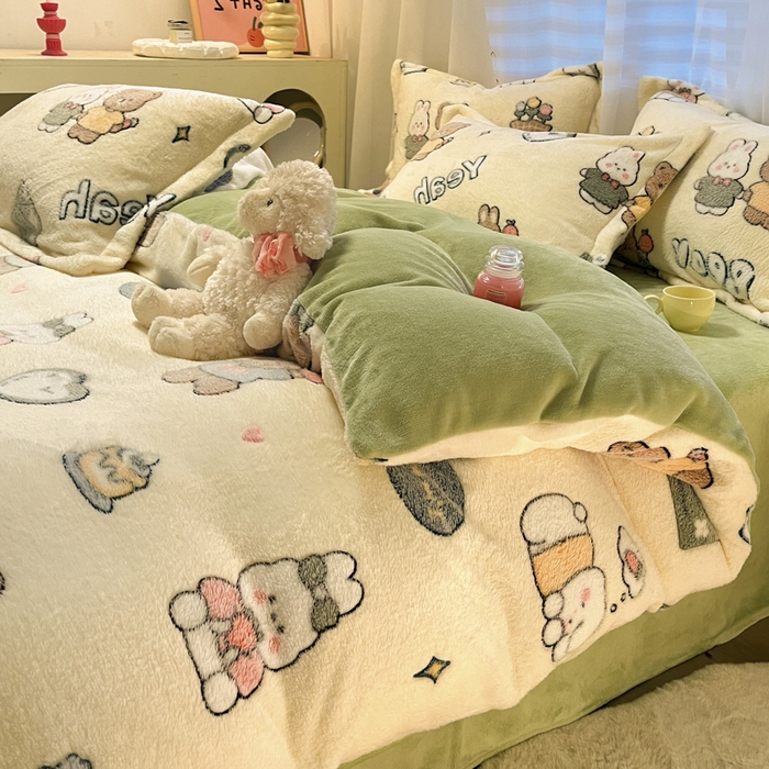 91家纺网 家纺一手货源 找家纺 韩巢家纺 2024新款加厚雪花绒印花四件套-风格一（提供卖家秀） 快乐心情