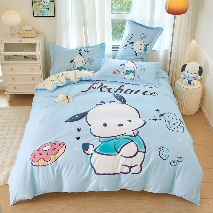 91家纺网 家纺一手货源 找家纺 蘭菲家纺 2024新款全棉大版卡通三丽鸥四件套 恰恰-蓝