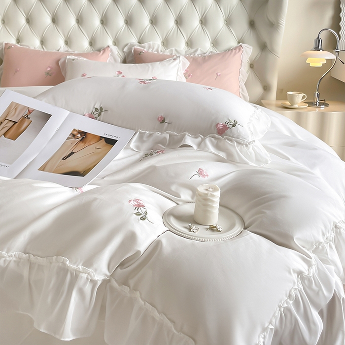91家纺网 家纺一手货源 找家纺 理想家家纺 2024新款全棉轻奢刺绣四件套-花韵 花韵-白
