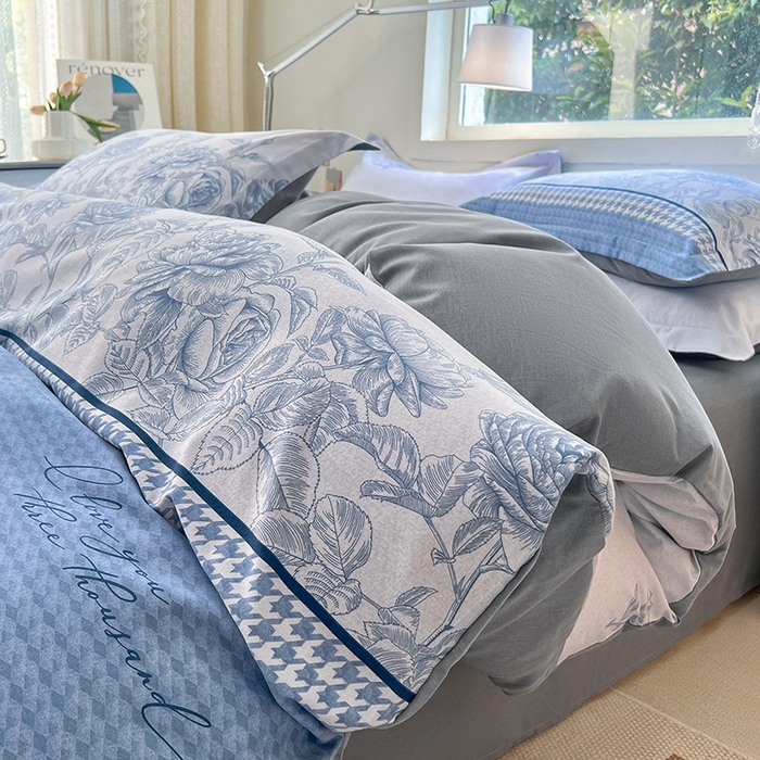 91家纺网 家纺一手货源 找家纺 品乐家纺 2024新款全棉生态棉印花磨毛四件套 温妮莎-蓝