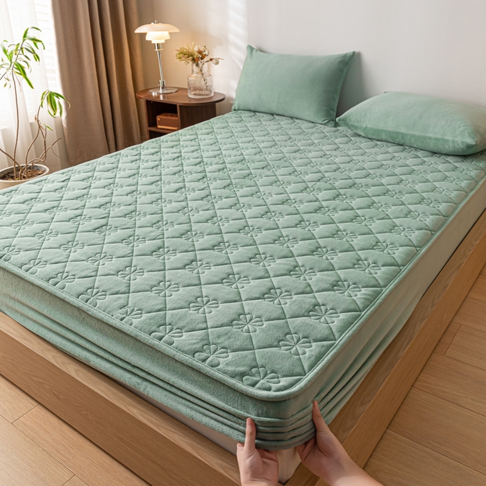 91家纺网 家纺一手货源 找家纺 梵克保罗 2024新款牛奶绒夹棉床笠-四叶草 四叶草-水墨绿