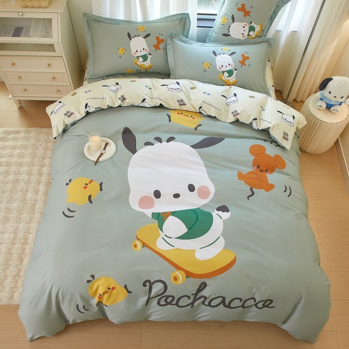 91家纺网 家纺一手货源 找家纺 蘭菲家纺 2024新款全棉大版卡通三丽鸥四件套 滑板恰恰