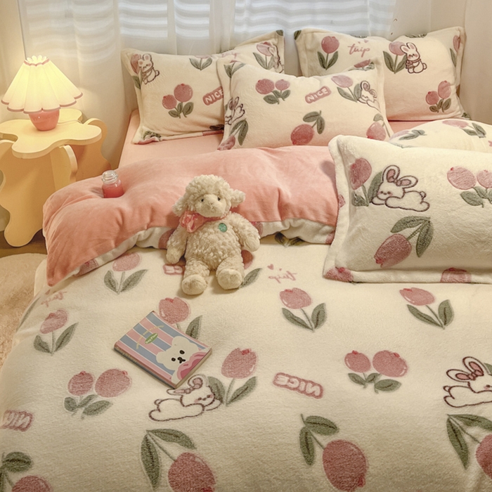 91家纺网 家纺一手货源 找家纺 韩巢家纺 2024新款加厚雪花绒印花四件套-风格一（提供卖家秀） 郁金香