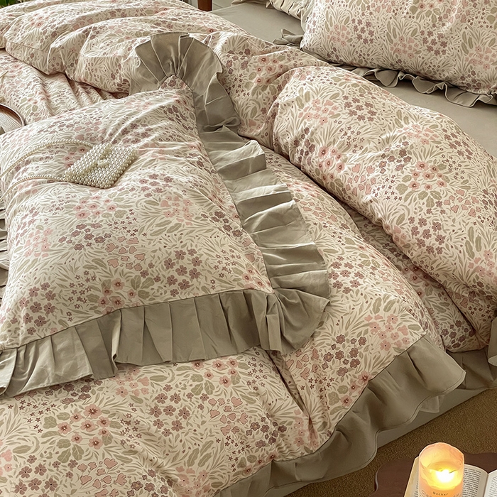 91家纺网 家纺一手货源 找家纺 窝米 2024新款全棉磨毛花边工艺款四件套 恬爱