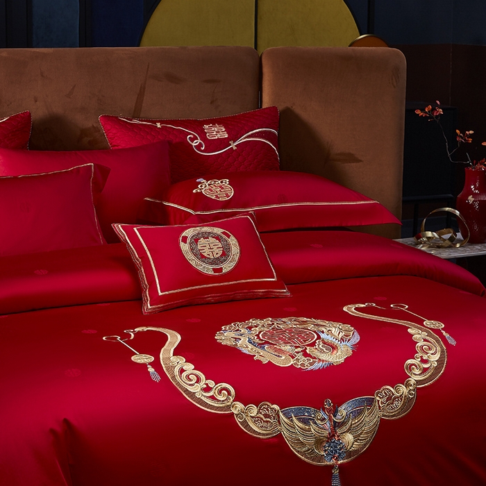 91家纺网 家纺一手货源 找家纺 高大尚 2025新品长绒棉提花唯美复古中式刺绣轻奢系列婚庆款多件套 锦绣未央