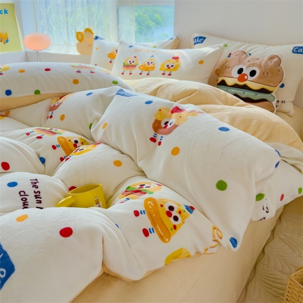 91家纺网 家纺一手货源 找家纺 灰鲸 2025新款牛奶绒小清新印花四件套 快乐源泉