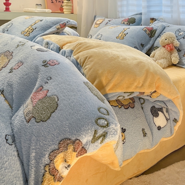 91家纺网 家纺一手货源 找家纺 韩巢家纺 2024新款加厚雪花绒印花单件被套-风格一（提供卖家秀 ） 动物世界