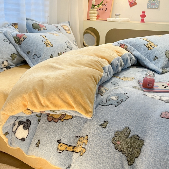 91家纺网 家纺一手货源 找家纺 韩巢家纺 2024新款加厚雪花绒印花四件套-风格一（提供卖家秀） 动物世界