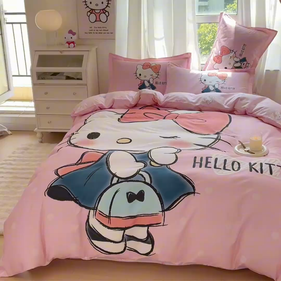 91家纺网 家纺一手货源 找家纺 蘭菲家纺 2024新款全棉大版卡通三丽鸥四件套 摩卡-粉