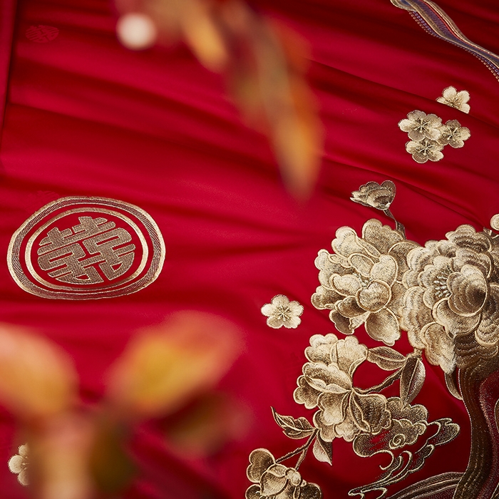 91家纺网 家纺一手货源 找家纺 高大尚 2025新品长绒棉提花唯美复古中式刺绣轻奢系列婚庆款多件套 福气满满-金