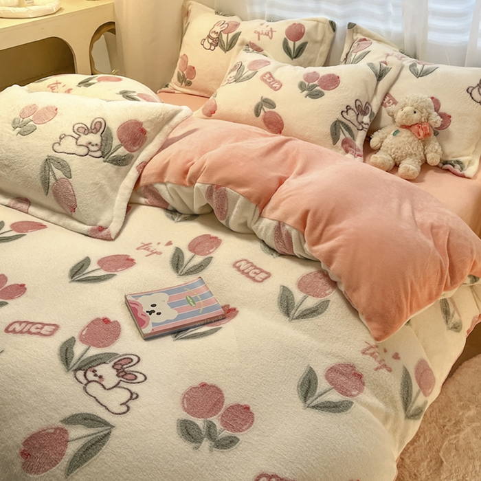 91家纺网 家纺一手货源 找家纺 韩巢家纺 2024新款加厚雪花绒印花四件套-风格一（提供卖家秀） 郁金香