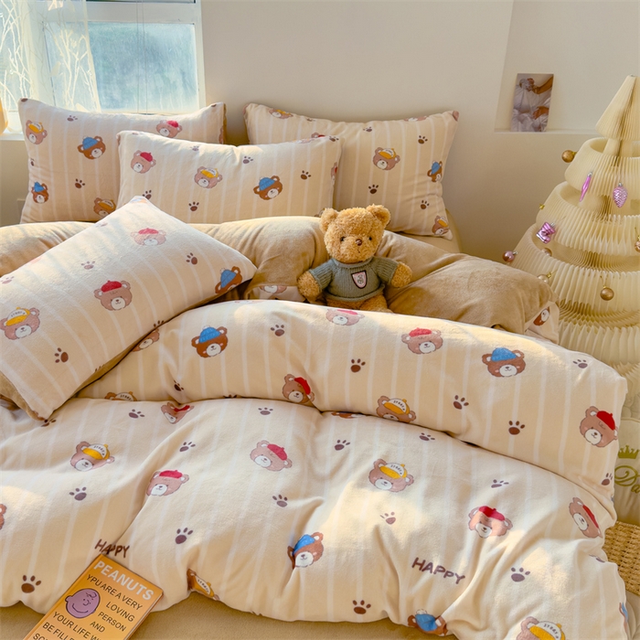 91家纺网 家纺一手货源 找家纺 灰鲸 2025新款牛奶绒小清新印花四件套 快乐小熊