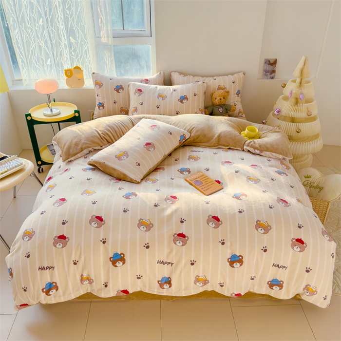 91家纺网 家纺一手货源 找家纺 灰鲸 2025新款牛奶绒小清新印花四件套 快乐小熊