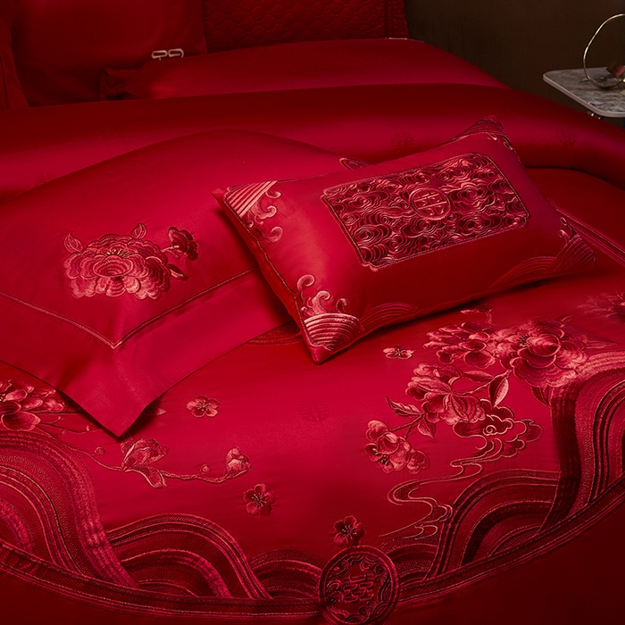 91家纺网 家纺一手货源 找家纺 高大尚 2025新品长绒棉提花唯美复古中式刺绣轻奢系列婚庆款多件套 福气满满-红