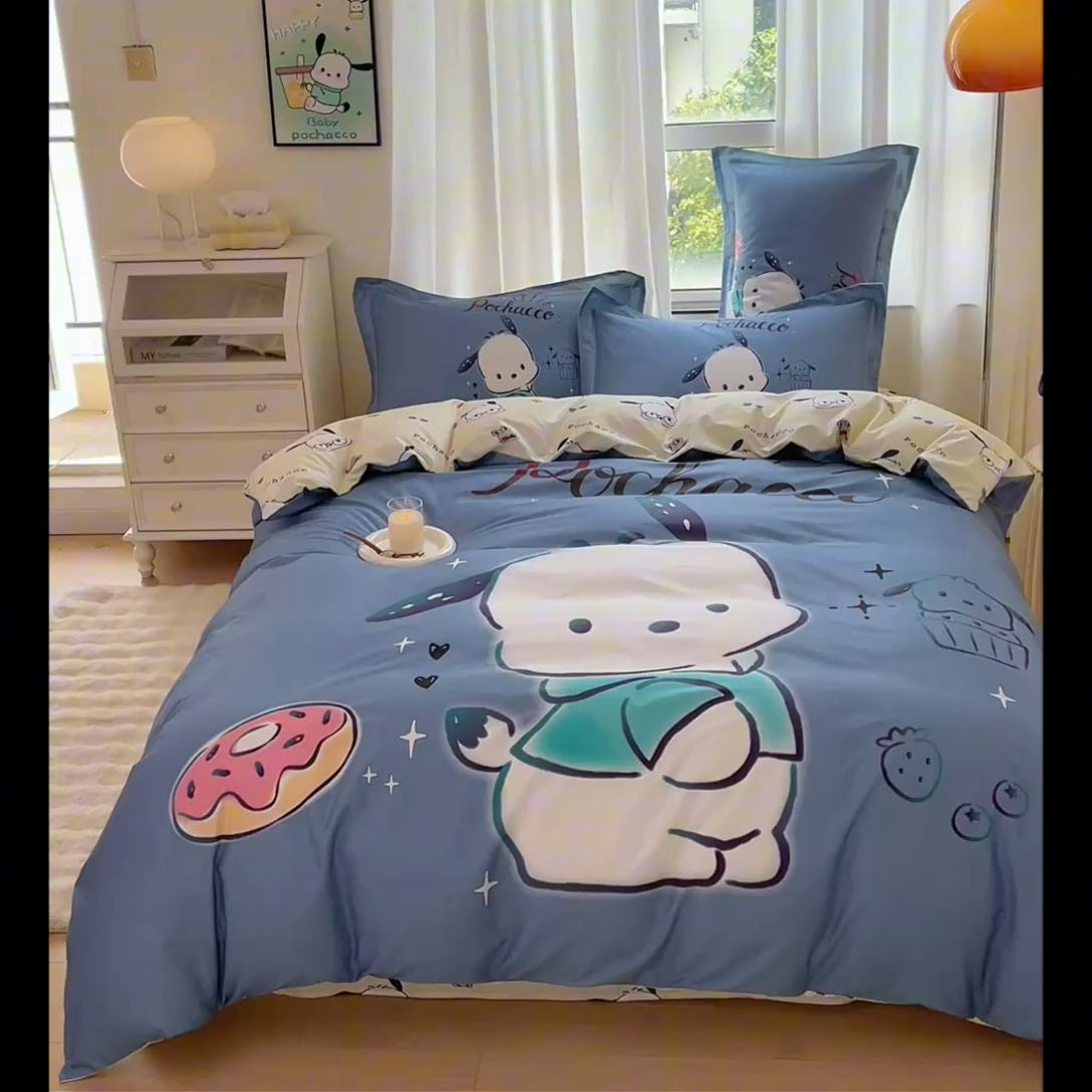 91家纺网 家纺一手货源 找家纺 蘭菲家纺 2024新款全棉大版卡通三丽鸥四件套 恰恰-灰