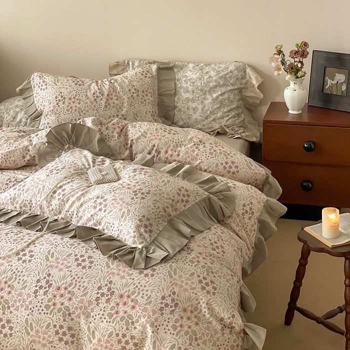 91家纺网 家纺一手货源 找家纺 窝米 2024新款全棉磨毛花边工艺款四件套 恬爱