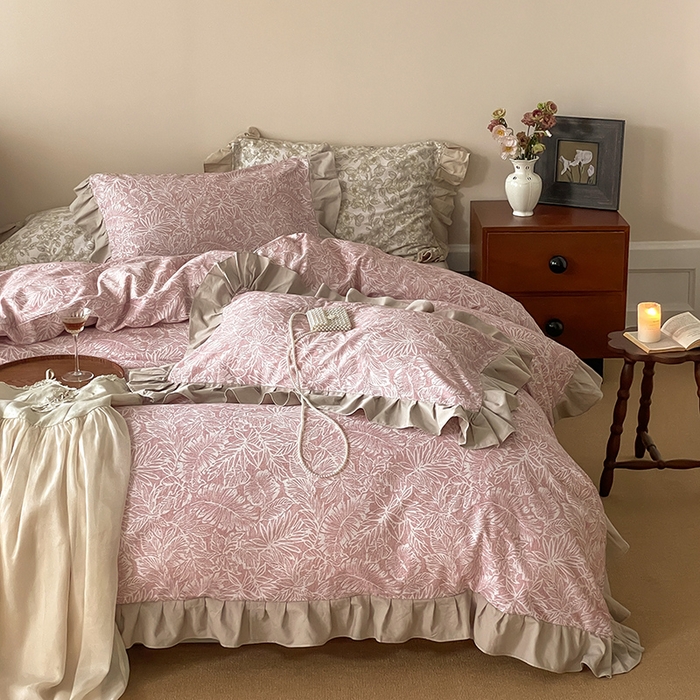 91家纺网 家纺一手货源 找家纺 窝米 2024新款全棉磨毛花边工艺款四件套 费洛蒙粉