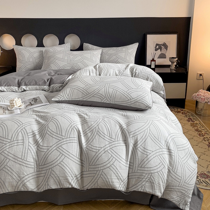 91家纺网 家纺一手货源 找家纺 小懒猪 2024秋冬新款全棉纯棉加厚华夫格提花双层纱四件套-梦幻系列 优雅灰