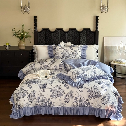 （总）窝米 2024新款数码印花长绒棉100支花边款四件套-晚意