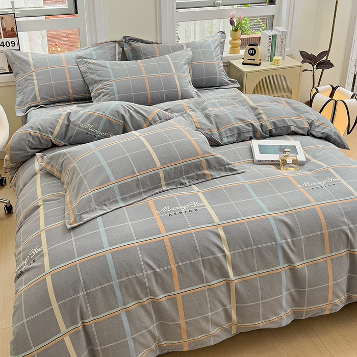 91家纺网 家纺一手货源 找家纺 品乐家纺 2024新款全棉生态棉印花磨毛四件套 波士顿-灰