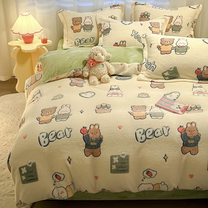 91家纺网 家纺一手货源 找家纺 韩巢家纺 2024新款加厚雪花绒印花四件套-风格一（提供卖家秀） 快乐心情