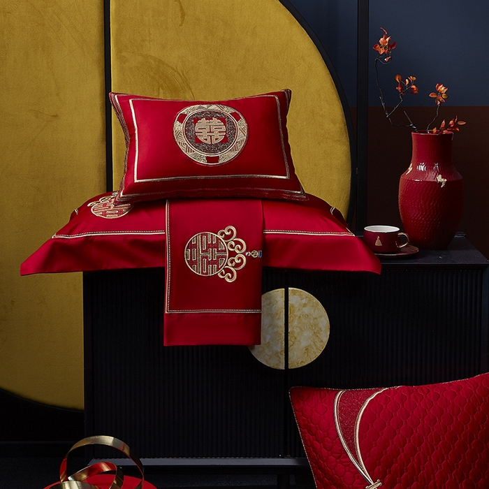 91家纺网 家纺一手货源 找家纺 高大尚 2025新品长绒棉提花唯美复古中式刺绣轻奢系列婚庆款多件套 锦绣未央