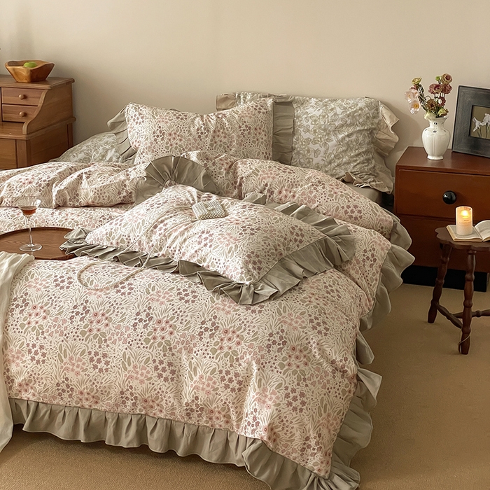 91家纺网 家纺一手货源 找家纺 窝米 2024新款全棉磨毛花边工艺款四件套 恬爱