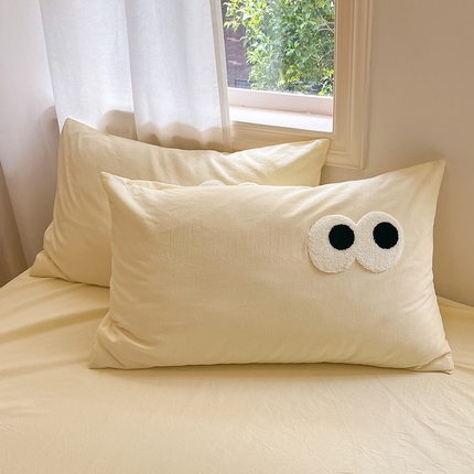 桃子 2024新款ins纯棉色织水洗毛巾绣大眼仔单枕套 色织水洗棉-大眼仔奶黄