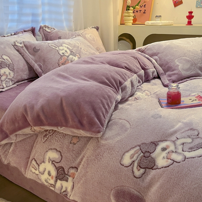 91家纺网 家纺一手货源 找家纺 韩巢家纺 2024新款加厚雪花绒印花四件套-风格一（提供卖家秀） 爱心免(紫)