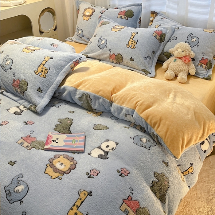 91家纺网 家纺一手货源 找家纺 韩巢家纺 2024新款加厚雪花绒印花四件套-风格一（提供卖家秀） 动物世界