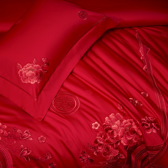 91家纺网 家纺一手货源 找家纺 高大尚 2025新品长绒棉提花唯美复古中式刺绣轻奢系列婚庆款多件套 福气满满-红