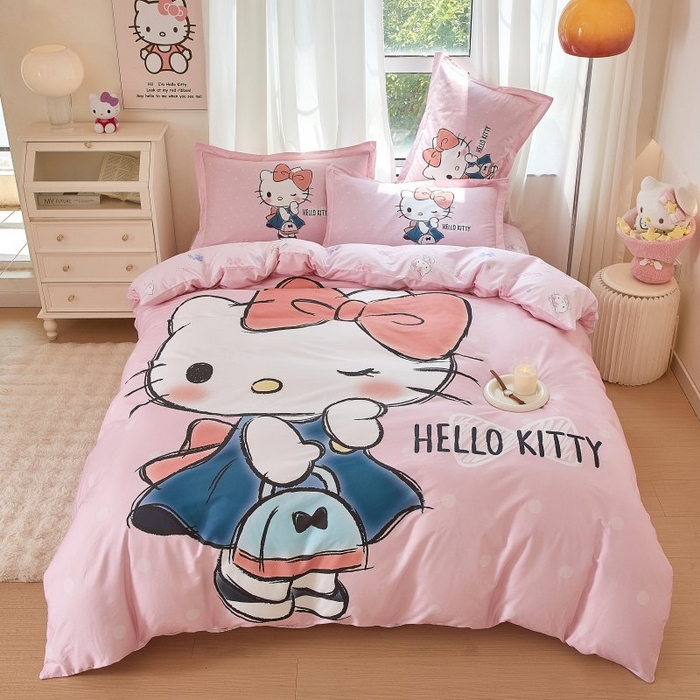 91家纺网 家纺一手货源 找家纺 蘭菲家纺 2024新款全棉大版卡通三丽鸥四件套 摩卡-粉