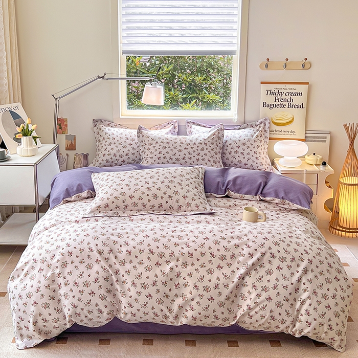 91家纺网 家纺一手货源 找家纺 品乐家纺 2024新款全棉生态棉印花磨毛四件套 花密语-紫