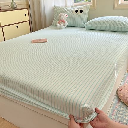 桃子 2024新款ins纯棉色织水洗毛巾绣大眼仔单床笠 色织水洗棉-大眼仔兰绿条