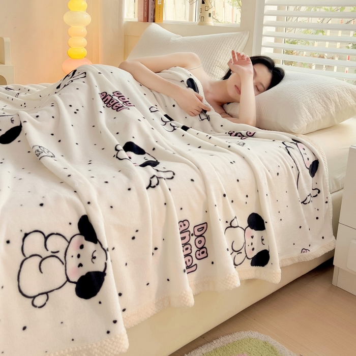 91家纺网 家纺一手货源 找家纺 千荨 2024新款亲肤舒适双面贝贝绒包边牛奶绒毛毯 贝贝绒-可爱修狗