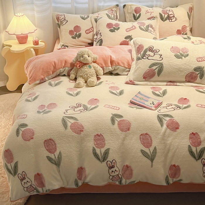 91家纺网 家纺一手货源 找家纺 韩巢家纺 2024新款加厚雪花绒印花四件套-风格一（提供卖家秀） 郁金香