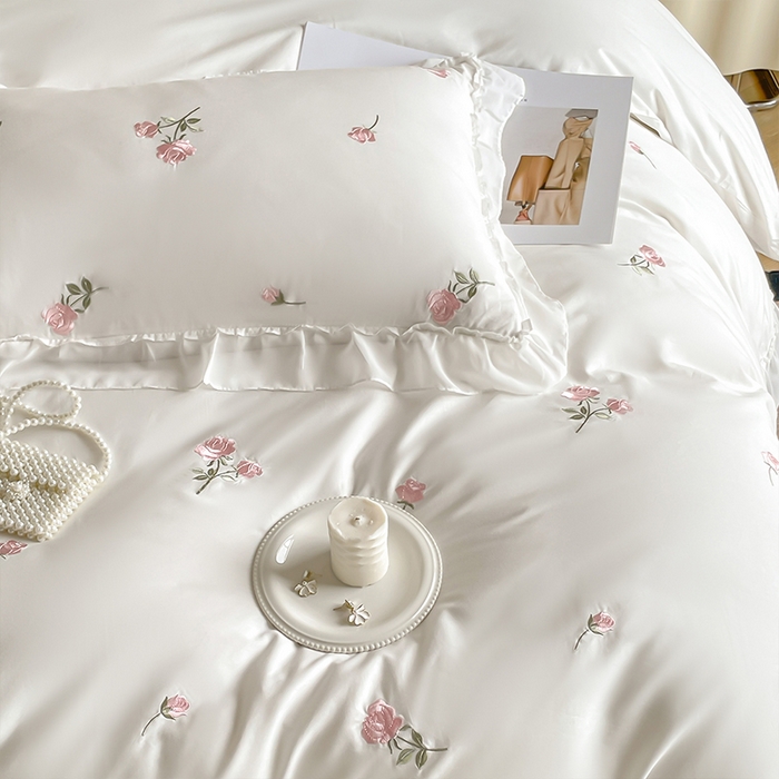 91家纺网 家纺一手货源 找家纺 理想家家纺 2024新款全棉轻奢刺绣四件套-花韵 花韵-白