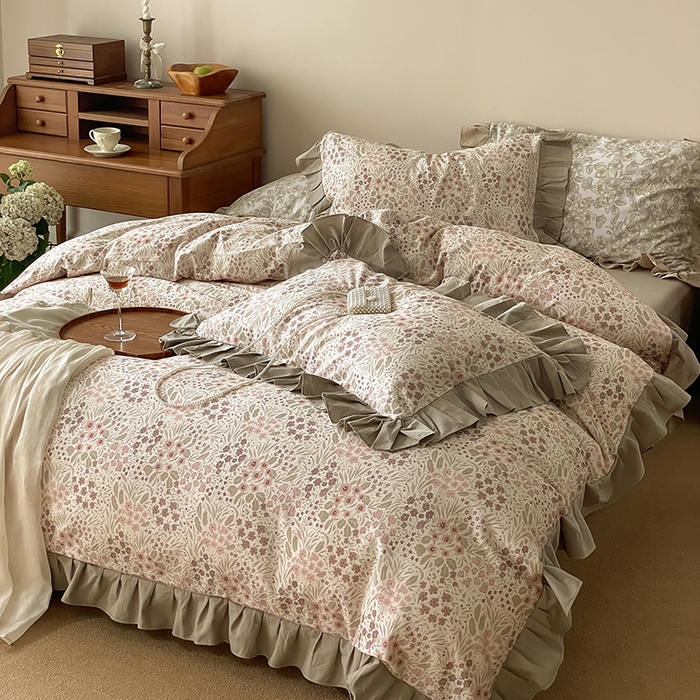 91家纺网 家纺一手货源 找家纺 窝米 2024新款全棉磨毛花边工艺款四件套 恬爱