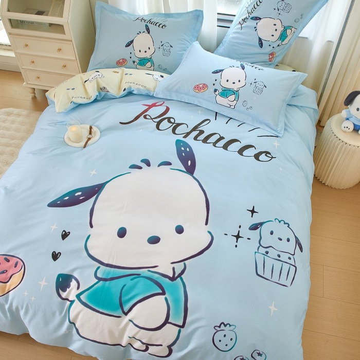 91家纺网 家纺一手货源 找家纺 蘭菲家纺 2024新款全棉大版卡通三丽鸥四件套 恰恰-蓝